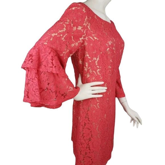 Eliza J Lace Overlay Bell Sleeve Dress Coral Sz 12 - Picture 5 of 6